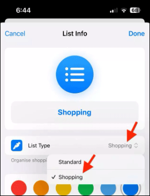 set list type to shopping